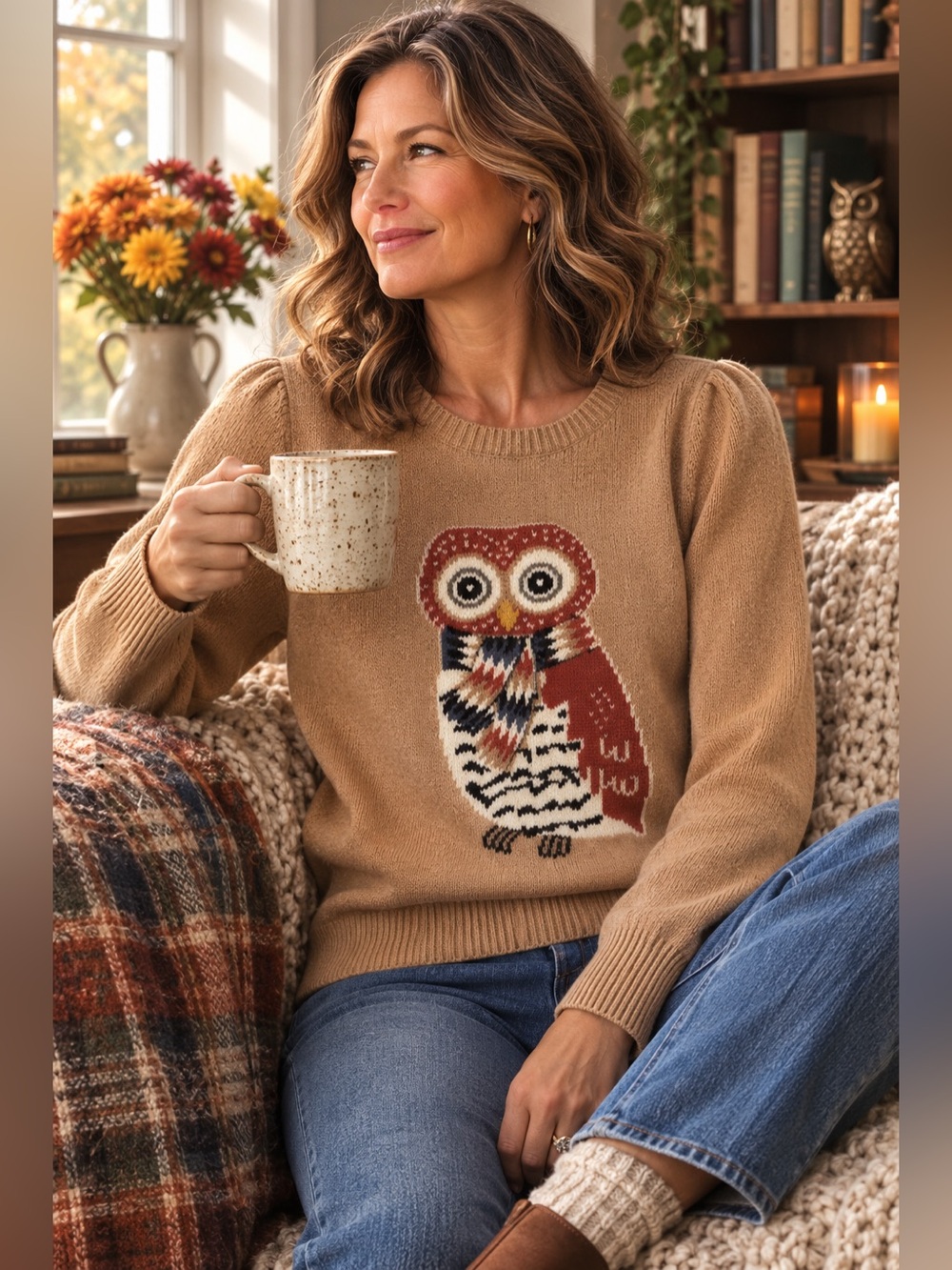 Talbots Owl Jacquard Sweater Small Camel Woodland Cottagecore Cotton Blend